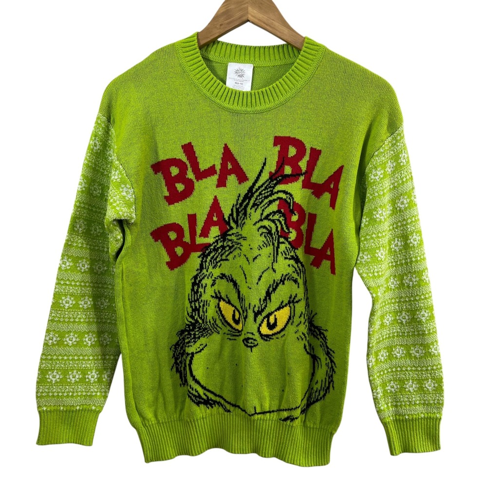 The Grinch Dr Seuss Kids Sweater Green Bla Bla Bla Holiday Size M 8-10 Christmas